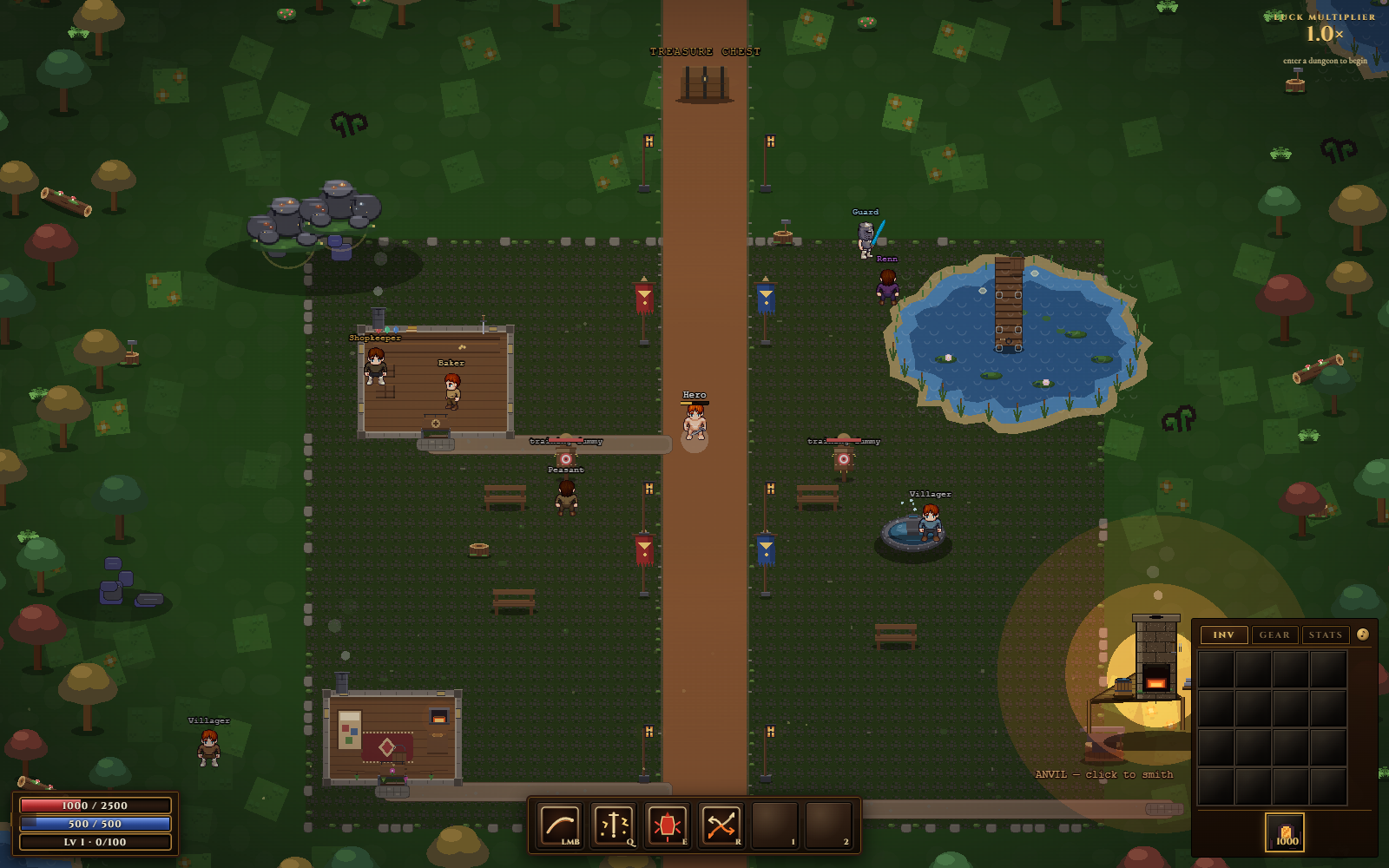 DELVE town — the safe hub where you stash loot, shop, and consecrate artifacts